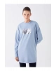 LCWAIKIKI Basic Mat Mavi Bisiklet Yaka Baskılı Uzun Kollu Oversize Kadın Sweatshirt Tunik