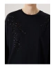 LCWAIKIKI Basic Siyah Bisiklet Yaka Pul İşlemeli Oversize Kadın Sweatshirt Tunik