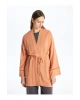 Şal Yaka Düz Uzun Kollu Keten Karışımlı Oversize Kadın Kimono