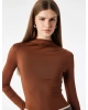 Slim Fit Uzun Kollu Drape Detaylı Hafif Dik Yaka Bodysuit