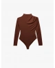 Slim Fit Uzun Kollu Drape Detaylı Hafif Dik Yaka Bodysuit