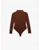 Slim Fit Uzun Kollu Drape Detaylı Hafif Dik Yaka Bodysuit