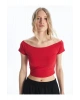 XSIDE Kırmızı Kayık Yaka Düz Kısa Kollu Kadın Crop