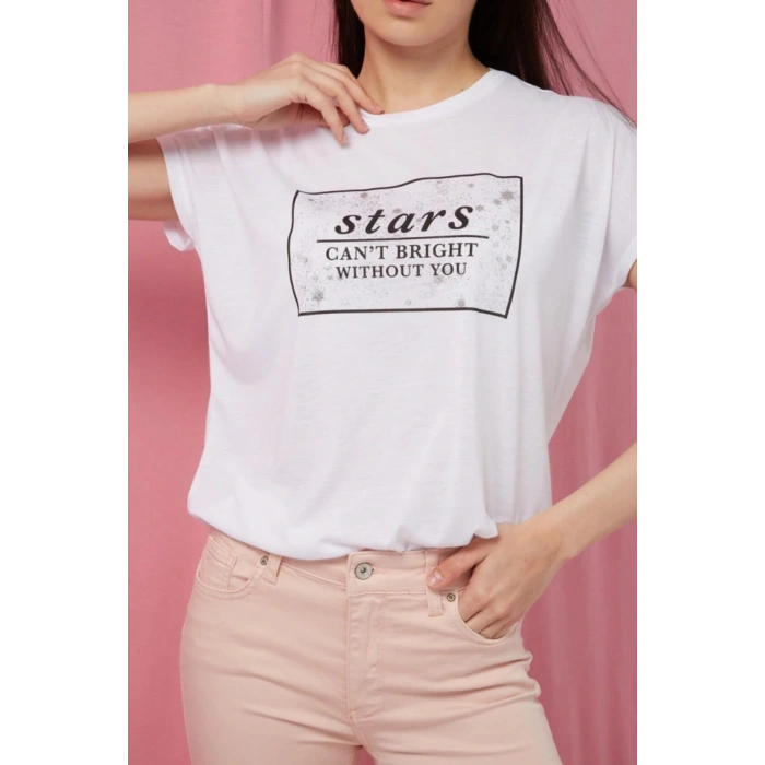 Bisiklet Yaka Kısa Kollu Baskılı Normal Kalıp Beyaz Kadın T-shirt