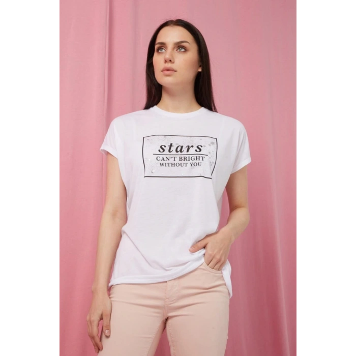 Bisiklet Yaka Kısa Kollu Baskılı Normal Kalıp Beyaz Kadın T-shirt