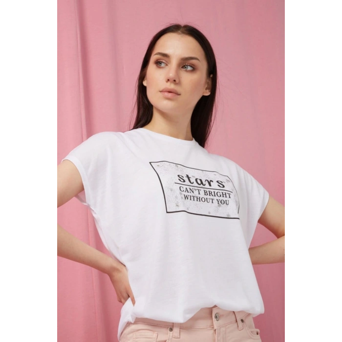 Bisiklet Yaka Kısa Kollu Baskılı Normal Kalıp Beyaz Kadın T-shirt