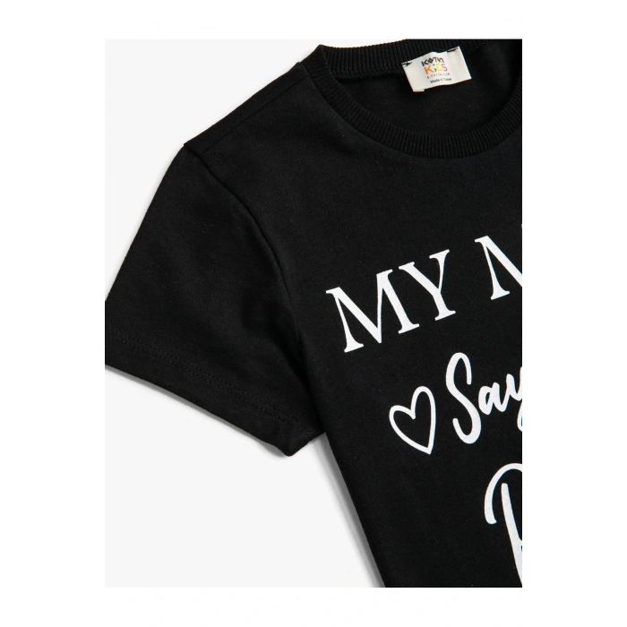 Slogan Baskılı Kısa Kollu Tişört Pamuklu