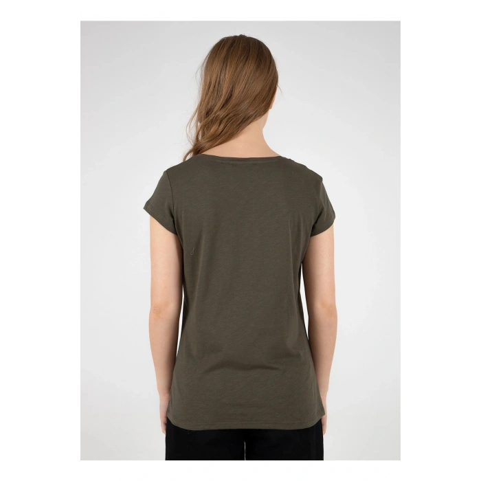 22y0147k1 V Yaka Kısa Kollu Normal Kalıp Düz Haki Kadın T-shirt