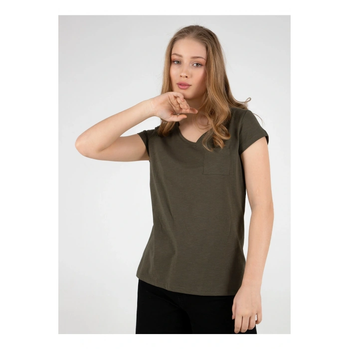 22y0147k1 V Yaka Kısa Kollu Normal Kalıp Düz Haki Kadın T-shirt
