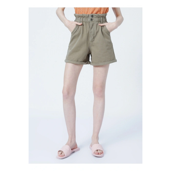 22y0542k1 Yüksek Bel Mom Fit Düz Haki Kadın Şort