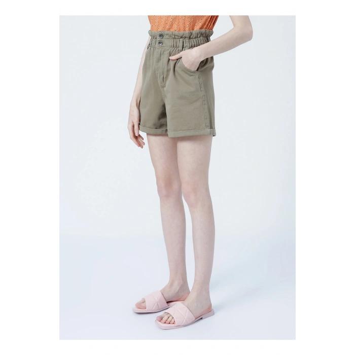 22y0542k1 Yüksek Bel Mom Fit Düz Haki Kadın Şort