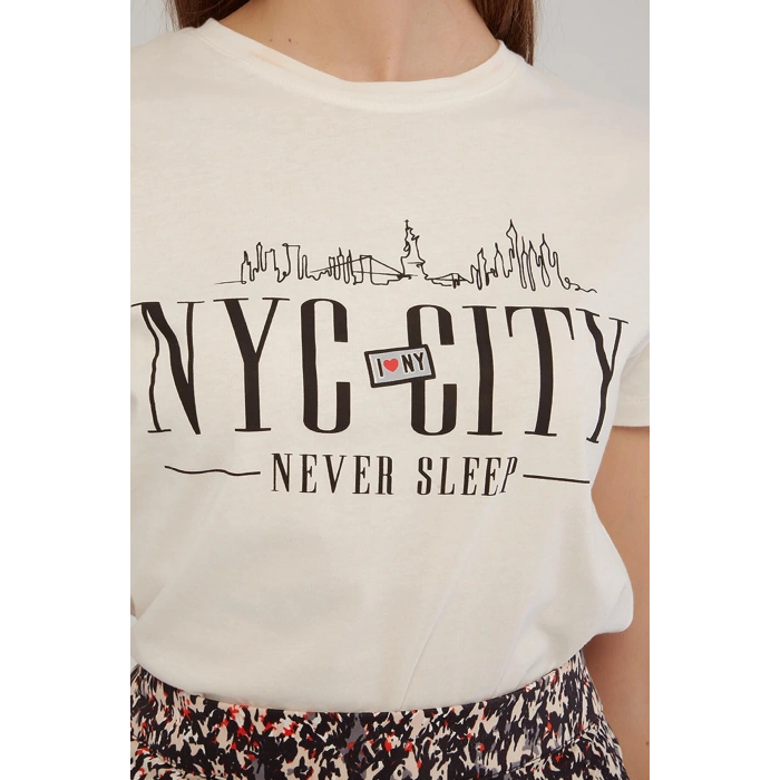 Baskılı T-shirt Ekru