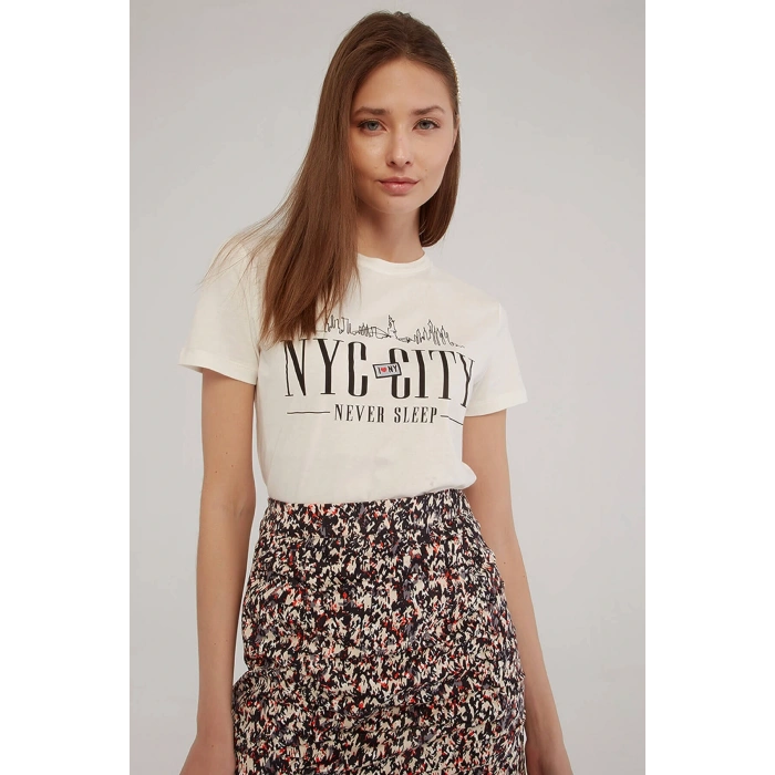 Baskılı T-shirt Ekru