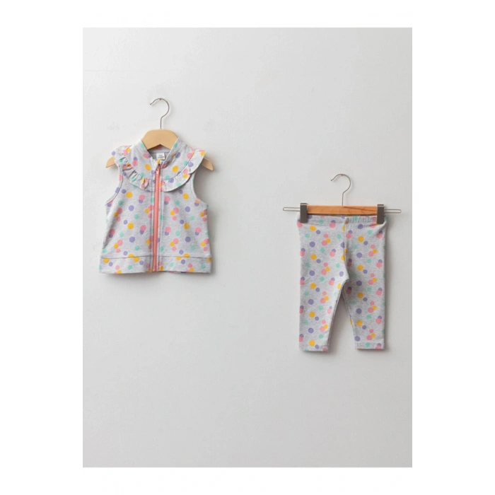 Bisiklet Yaka Puantiye Desenli Kız Bebek Fermuarlı Yelek Ve Tayt 2li Takım