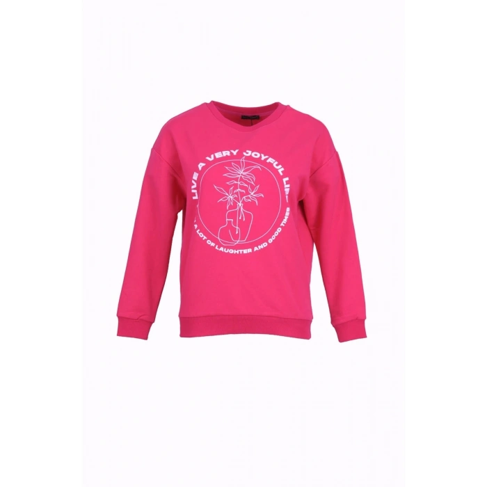 Bisiklet Yaka Baskılı Fuşya Kadın Sweatshırt 22k0572k1