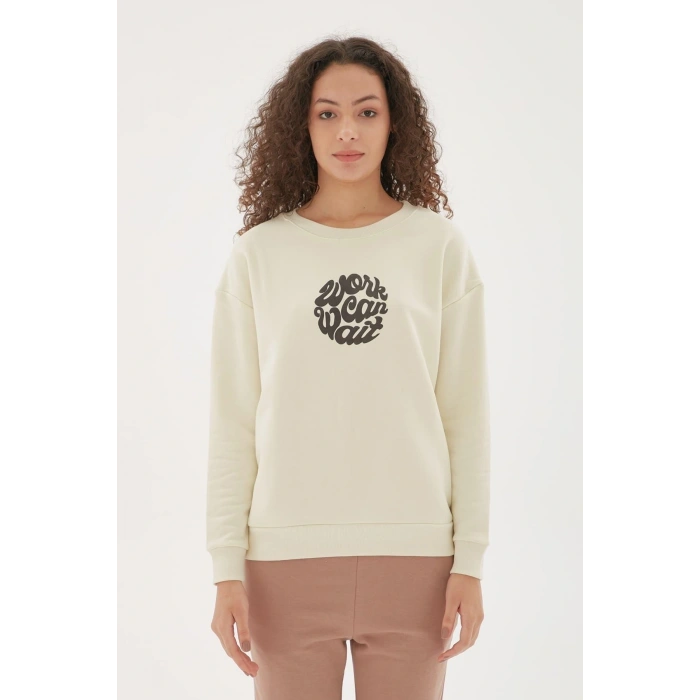 Baskılı Sweatshirt Ekru
