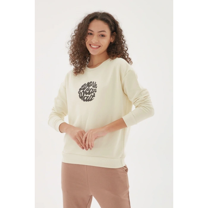 Baskılı Sweatshirt Ekru