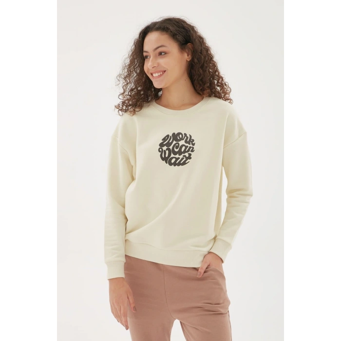 Baskılı Sweatshirt Ekru