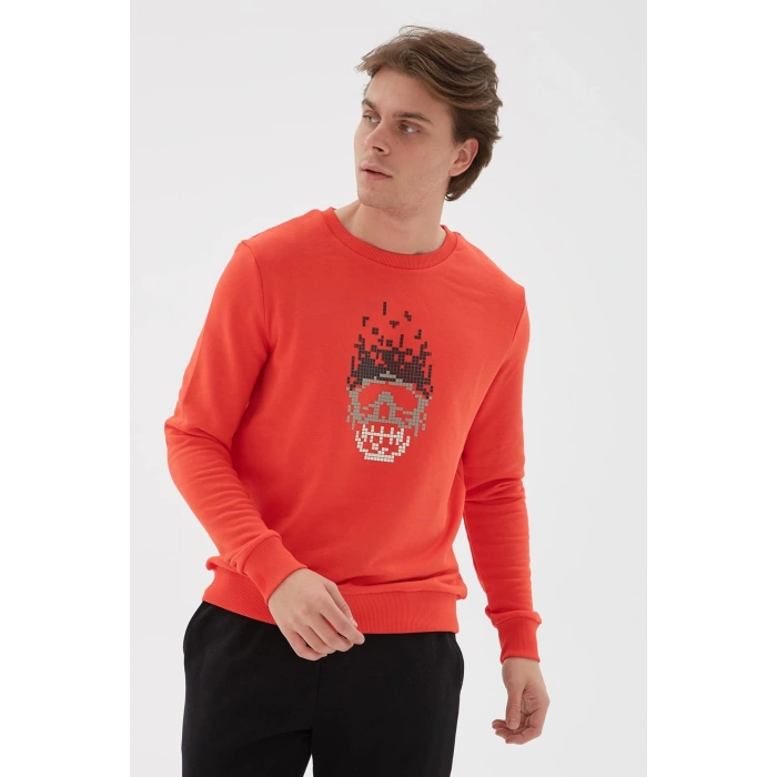 Bisiklet Yaka Baskılı Sweatshirt Kırmızı / Red