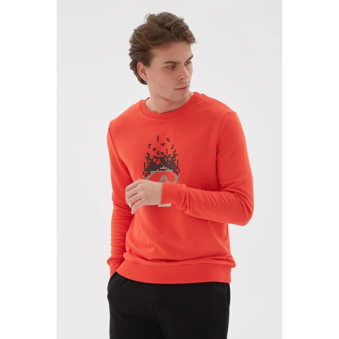 Bisiklet Yaka Baskılı Sweatshirt Kırmızı / Red