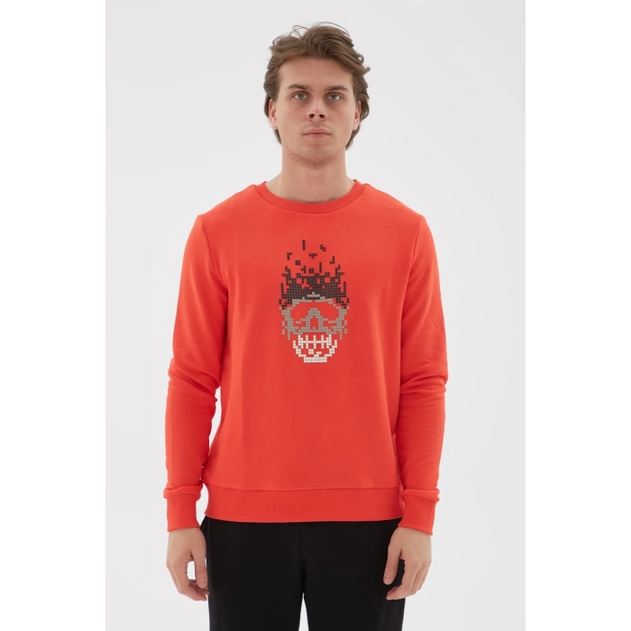 Bisiklet Yaka Baskılı Sweatshirt Kırmızı / Red
