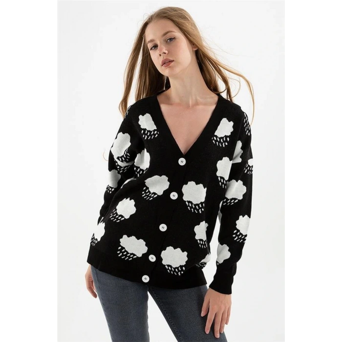 Bulut Desenli Hırka Siyah