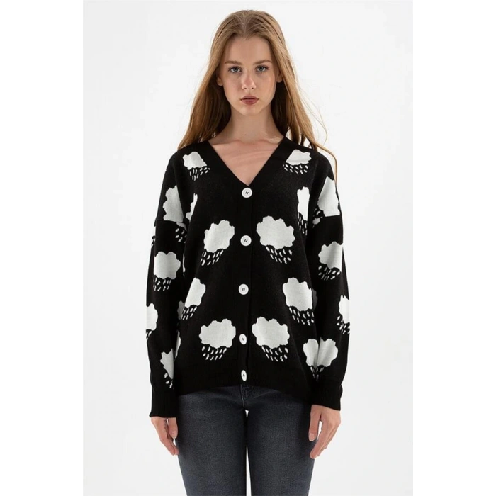 Bulut Desenli Hırka Siyah