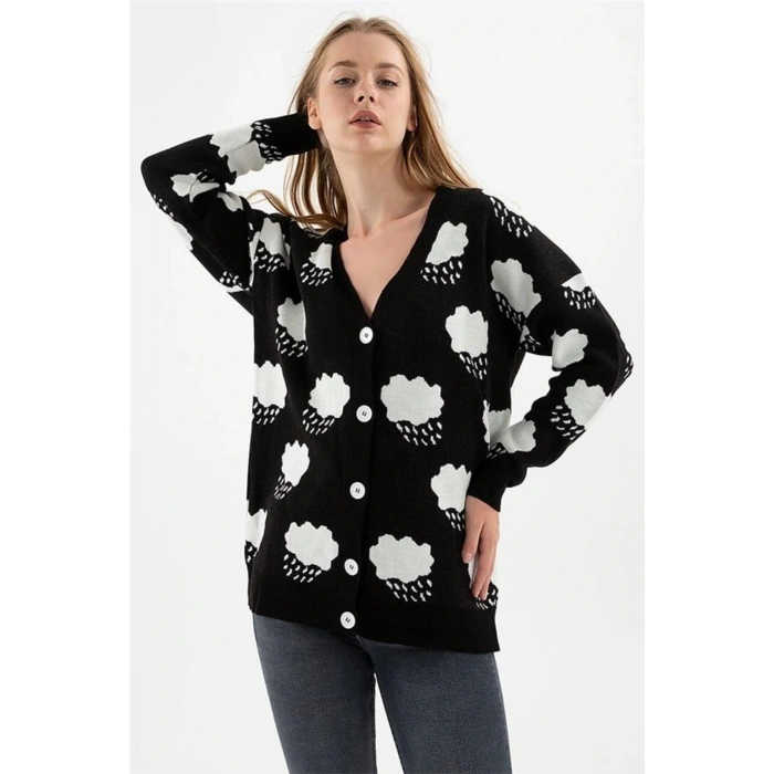 Bulut Desenli Hırka Siyah