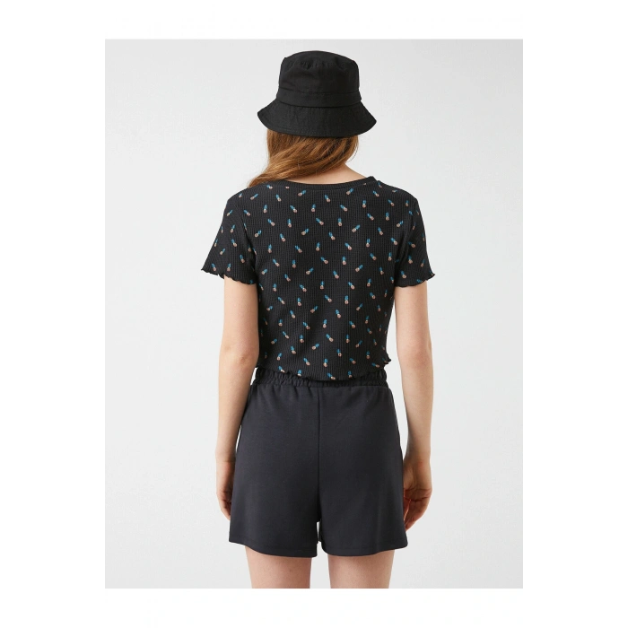 Baskılı Crop Tişört Fırfır Detaylı Pamuklu