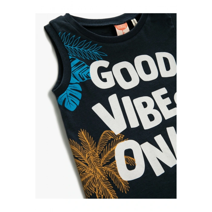 Palmiye ve Slogan Baskılı Atlet Bisiklet Yaka Pamuklu