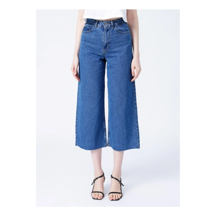 22y0491k1 Yüksek Bel Bol Kesim Mavi Kadın Denim Pantolon