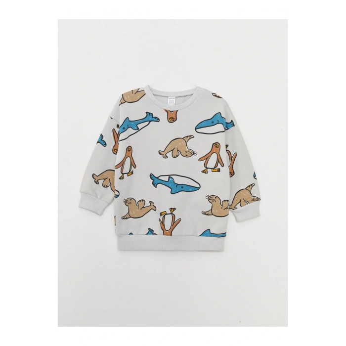 Bisiklet Yaka Uzun Kollu Baskılı Erkek Bebek Sweatshirt ve Eşofman Alt 2li Takım