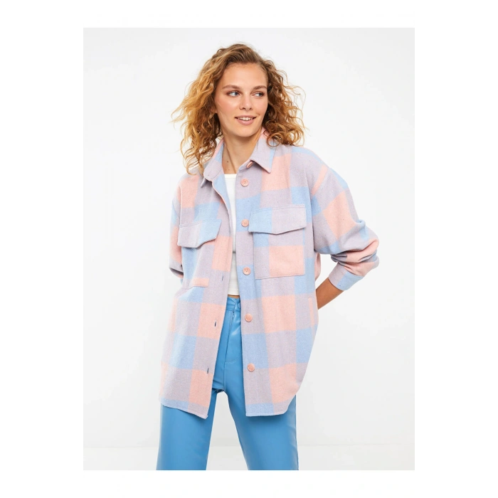 Ekose Uzun Kollu Oversize Kadın Oduncu Gömlek Ceket