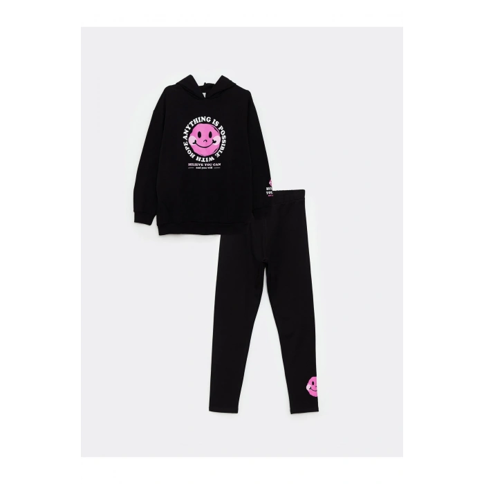 Kapüşonlu Baskılı Uzun Kollu Kız Çocuk Sweatshirt ve Tayt