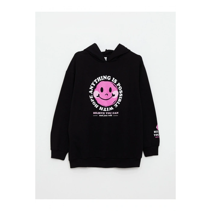 Kapüşonlu Baskılı Uzun Kollu Kız Çocuk Sweatshirt ve Tayt