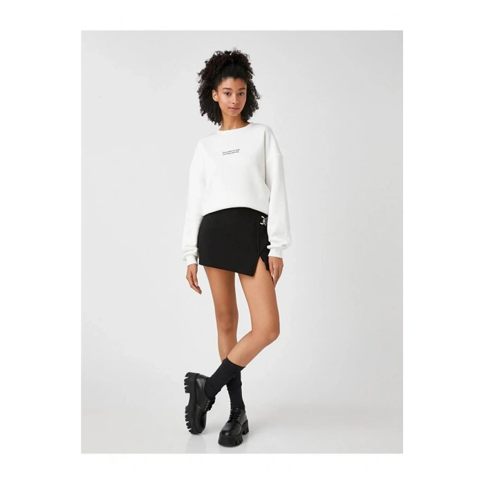 Slogan Baskılı Sweatshirt Bisiklet Yaka Uzun Kollu Içi Polarlı