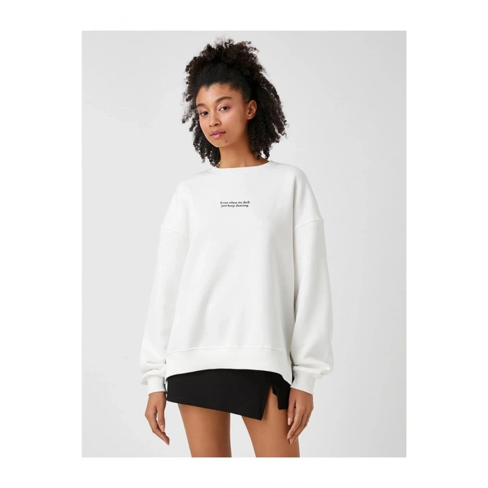 Slogan Baskılı Sweatshirt Bisiklet Yaka Uzun Kollu Içi Polarlı