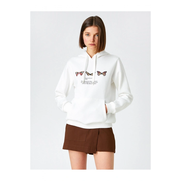 Kelebek Baskılı Sweatshirt Kapüşonlu Uzun Kollu