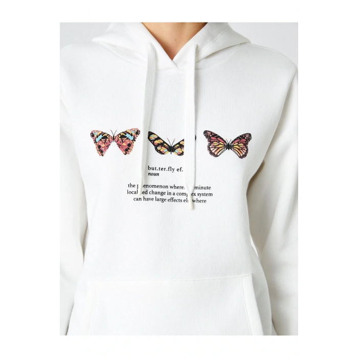 Kelebek Baskılı Sweatshirt Kapüşonlu Uzun Kollu
