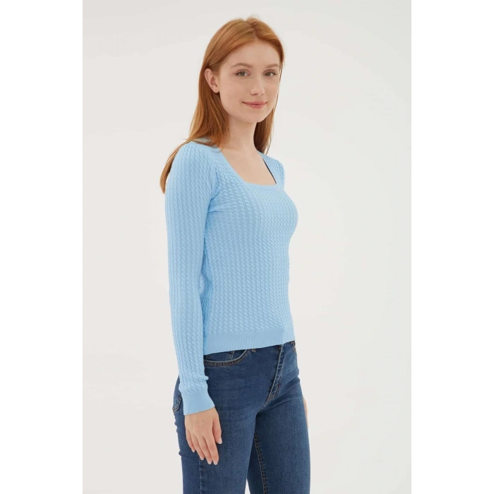 23k0405k1 Kadın Kare Yaka Saç Örgülü Kazak