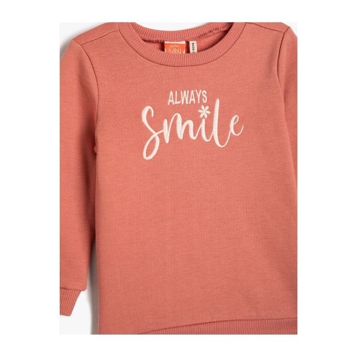 Sweatshirt Şardonlu İşlemeli Bisiklet Yaka Pamuklu