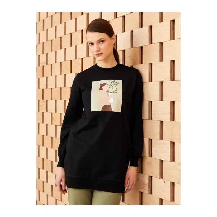 Bisiklet Yaka Baskılı Uzun Kollu Kadın Tunik