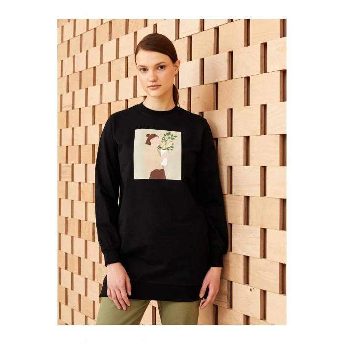 Bisiklet Yaka Baskılı Uzun Kollu Kadın Tunik