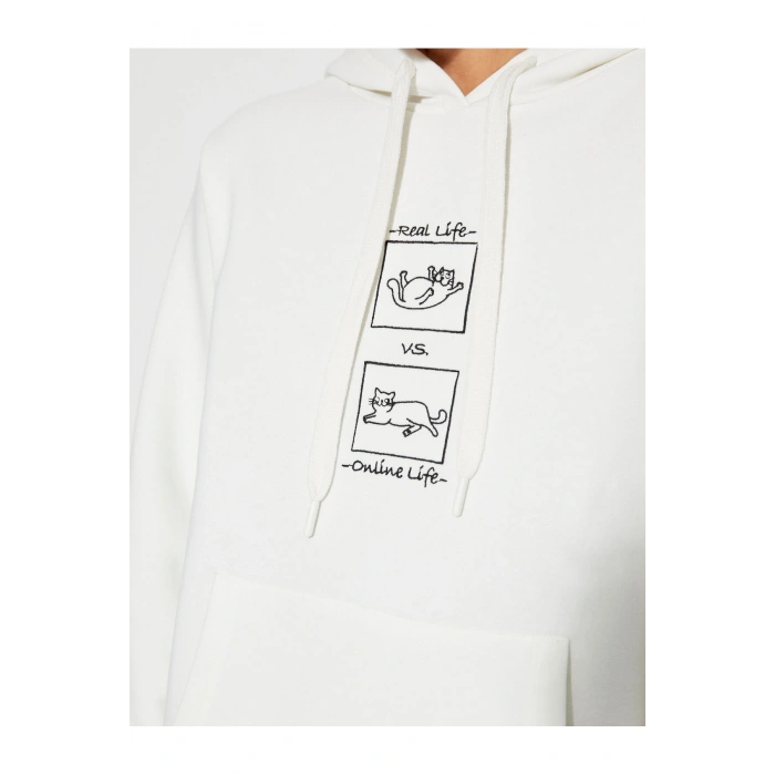 Kapüşonlu Sweatshirt Nakışlı Kanguru Cepli Uzun Kollu