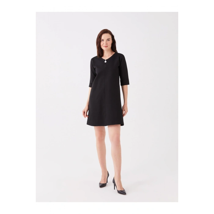 V Yaka Düz Kısa Kollu Kadın Elbise