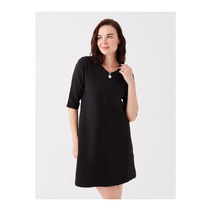 V Yaka Düz Kısa Kollu Kadın Elbise