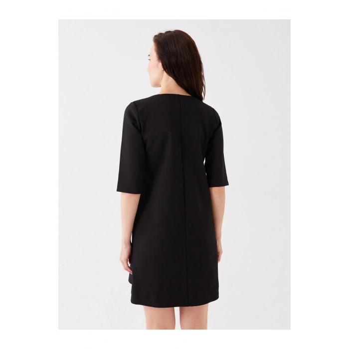 V Yaka Düz Kısa Kollu Kadın Elbise