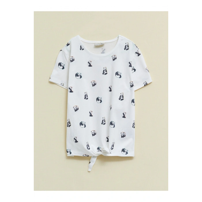 Bisiklet Yaka Baskılı Kısa Kollu Pamuklu Kız Çocuk Tişört