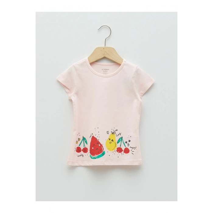 Bisiklet Yaka Kısa Kollu Baskılı Kız Bebek Tişört