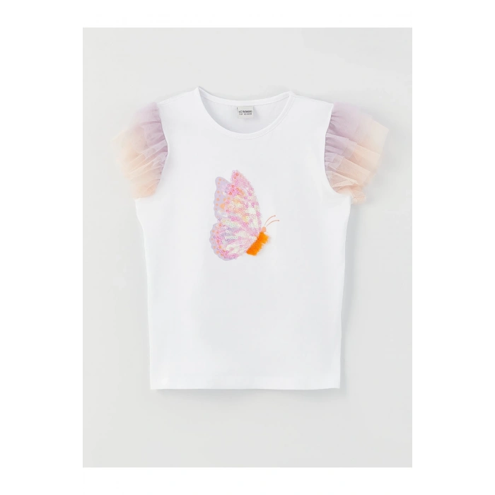 Bisiklet Yaka Pul Işlemeli Kısa Kollu Kız Çocuk Tişört